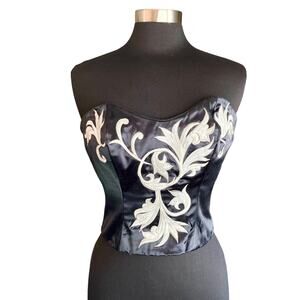 VTG Natori Corset Black with White & Silver Embroidered Flourishes Size SMALL
